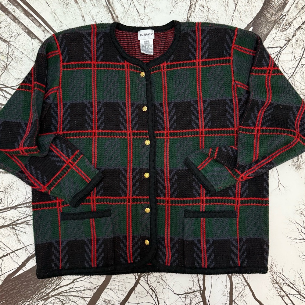 Liz Baker Red and Black Striped Sweater Size Large Button up